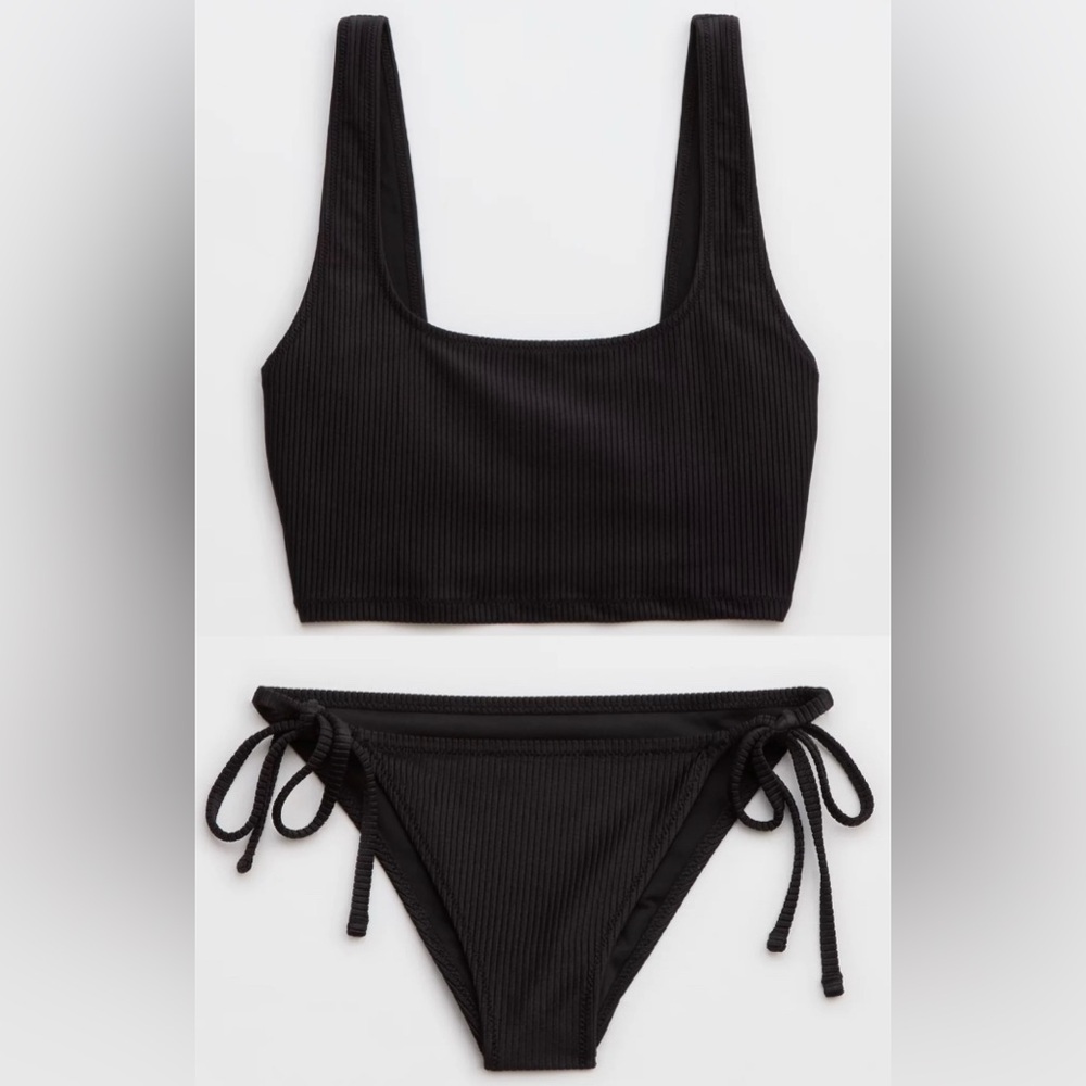 NWT Aerie FULL SET Shine Rib Longline Scoop Top + String Tie Bottom in Black